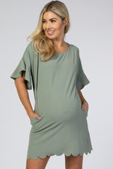 Mint Green Ruffle Sleeve Scalloped Maternity Dress