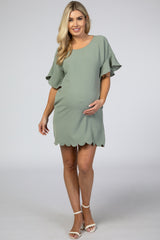 Mint Green Ruffle Sleeve Scalloped Maternity Dress