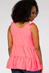 Fuchsia Bow Tie Shoulder Tiered Tank Top