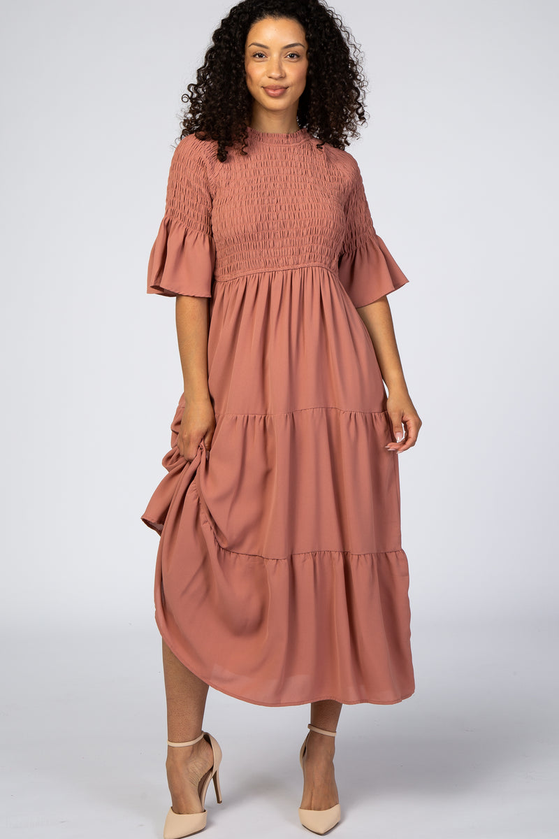 Salmon Smocked Pleated Tier Midi Dress – PinkBlush