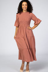 Salmon Smocked Pleated Tier Midi Dress