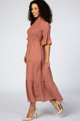 Salmon Smocked Pleated Tier Midi Dress