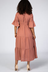 Salmon Smocked Pleated Tier Midi Dress