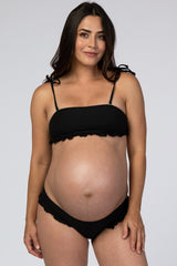 Black Ribbed Ruffle Accent Maternity Bikini Set