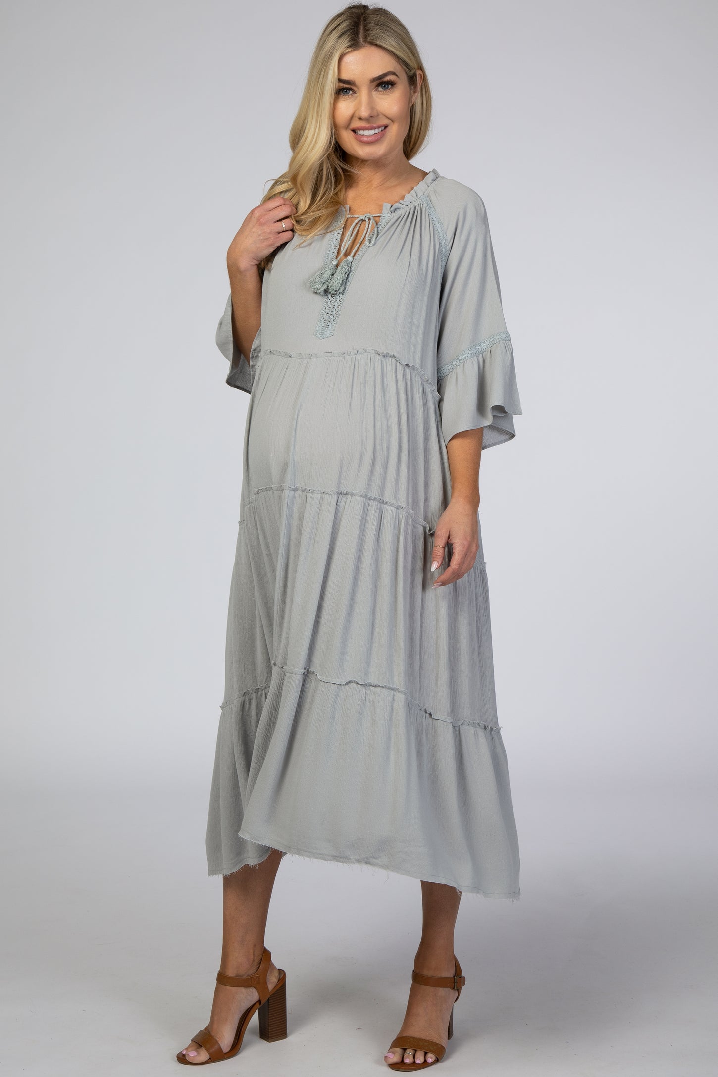Grey Tiered Crochet Accent Ruffle Maternity Midi Dress– PinkBlush