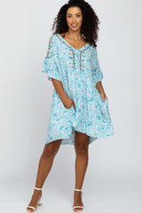 Blue Floral Embroidered Ruffle Sleeve Dress