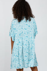 Blue Floral Embroidered Ruffle Sleeve Dress