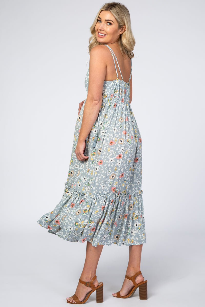 Grey Floral Empire Waist Ruffle Hem Maternity Maxi Dress– PinkBlush