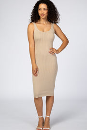 Beige Sleeveless Fitted Ribbed Dress