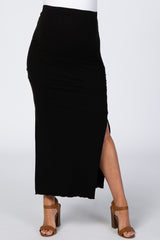 Black Ruched Side Slit Maternity Midi Skirt