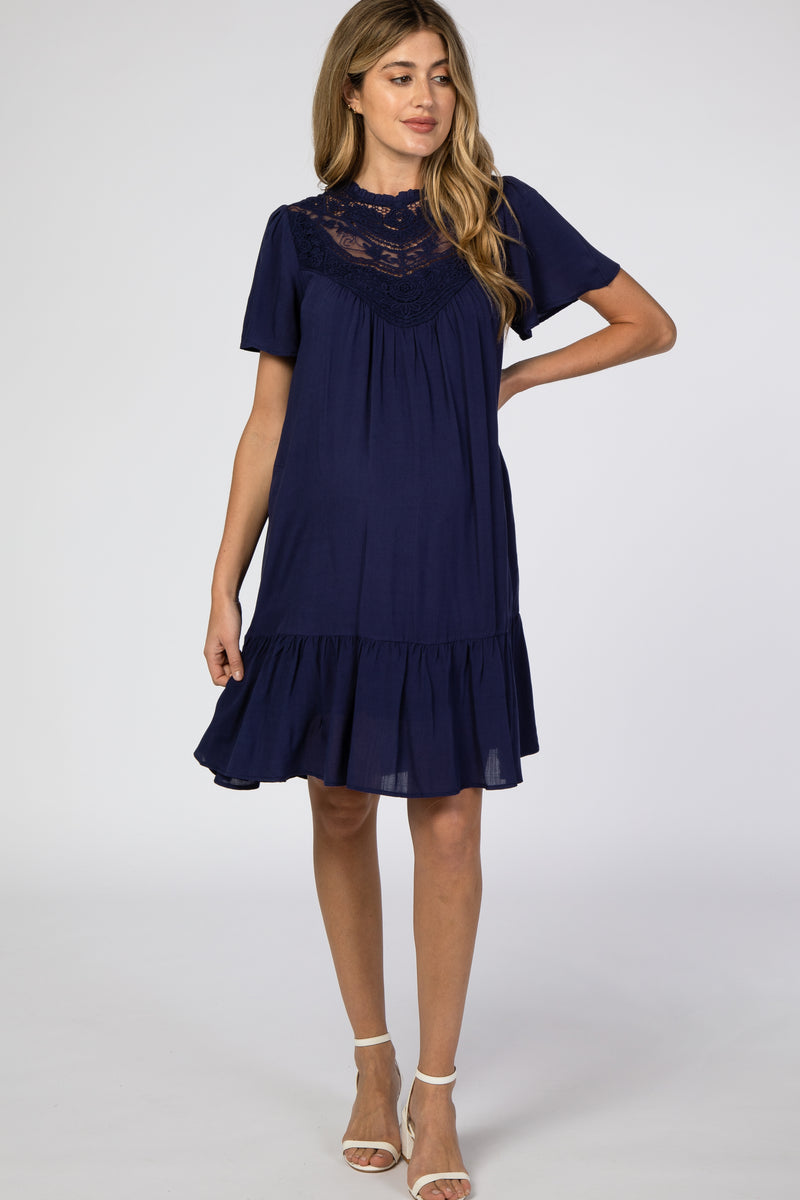 Navy Blue Crochet Front Ruffle Hem Maternity Dress– PinkBlush