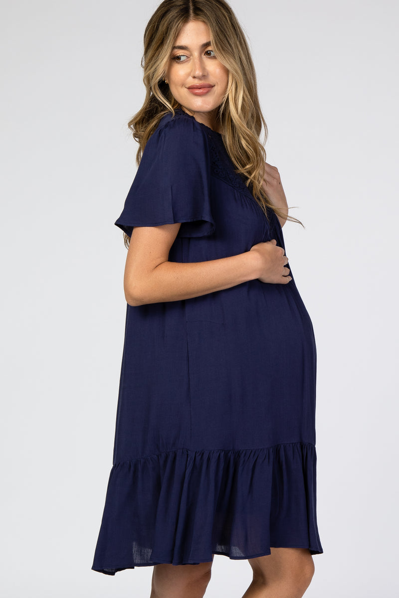 Navy Blue Crochet Front Ruffle Hem Maternity Dress– PinkBlush