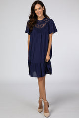 Navy Blue Crochet Front Ruffle Hem Maternity Dress