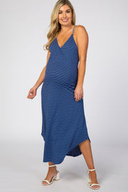 Navy Striped Cross Back Maternity Maxi Dress