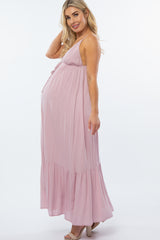 Light Pink Deep V-Neckline Maternity Maxi Dress