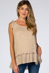 Taupe Dot Print Ruffle Hem Maternity Top