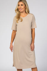 Taupe Ribbed Maternity Midi Dress