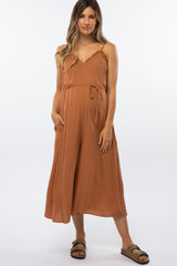 Rust Fringe Trim Cropped Maternity Jumpsuit