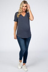 Navy V-Neck Short Sleeve Maternity Top