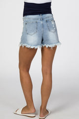 Blue Distressed Fringe Hem Maternity Jean Shorts