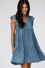 Blue Chambray Pleated Tier Ruffle Sleeve Dress