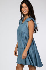 Blue Chambray Pleated Tier Ruffle Sleeve Dress