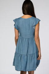 Blue Chambray Pleated Tier Ruffle Sleeve Dress