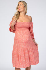 Coral Dot Printed Smocked Off Shoulder Maternity Midi Dress