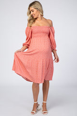 Coral Dot Printed Smocked Off Shoulder Maternity Midi Dress