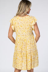 Yellow Floral Ruffle Sleeve Pleated Tier Maternity Mini Dress