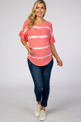 Coral Tie Dye Striped Ruffle Sleeve Maternity Top