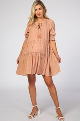 Peach Smocked Tiered Maternity Dress