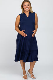 Navy Blue Split Neck Tiered Maternity Plus Midi Dress