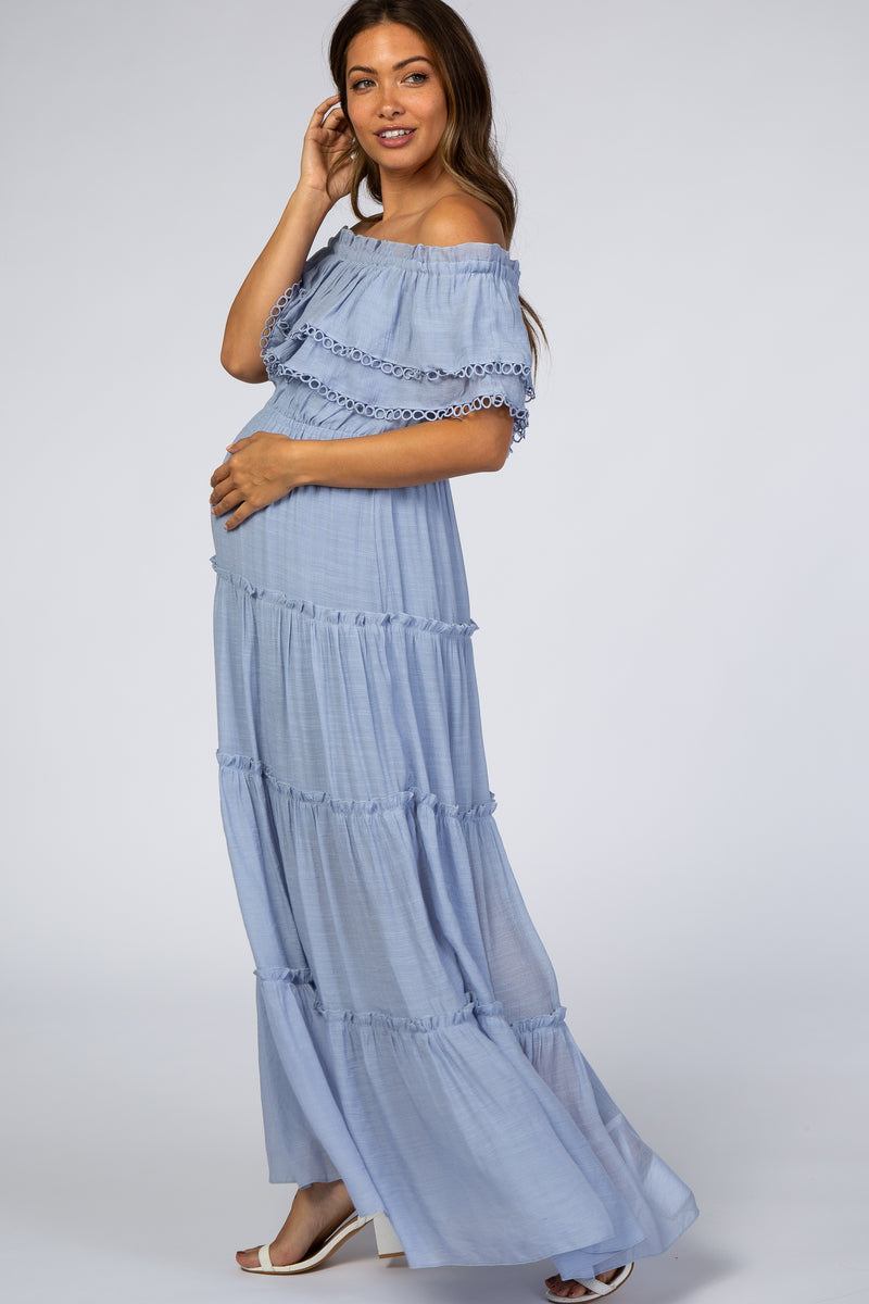 Light Blue Off Shoulder Eyelet Tiered Maternity Maxi Dress – PinkBlush