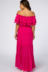 Fuchsia Eyelet Off Shoulder Tiered Maternity Maxi Dress