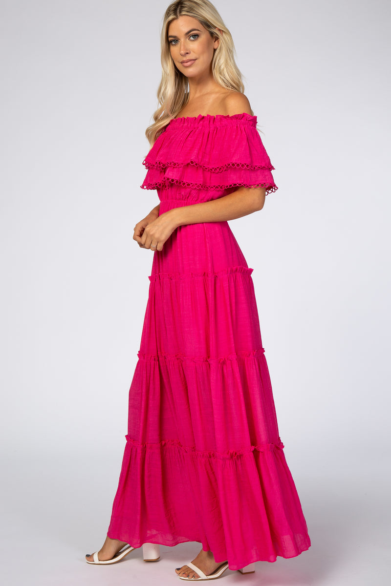 Fuchsia Eyelet Off Shoulder Tiered Maxi Dress – PinkBlush