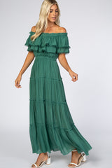 Green Off Shoulder Eyelet Tiered Maxi Dress