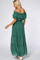 Green Off Shoulder Eyelet Tiered Maxi Dress