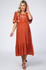 Rust Embroidered Squareneck Maternity Midi Dress