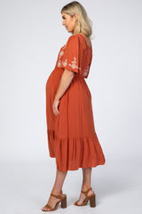 Rust Embroidered Squareneck Maternity Midi Dress