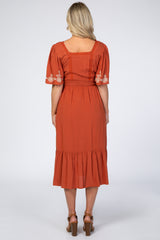 Rust Embroidered Squareneck Maternity Midi Dress