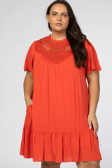 Orange Red Crochet Front Ruffle Hem Plus Dress