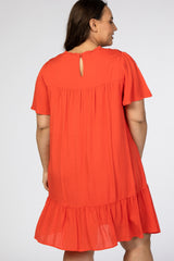 Orange Red Crochet Front Ruffle Hem Plus Dress