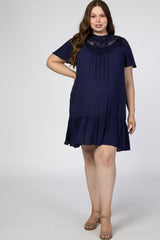 Navy Blue Crochet Front Ruffle Hem Maternity Plus Dress