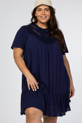 Navy Blue Crochet Front Ruffle Hem Plus Dress