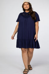 Navy Blue Crochet Front Ruffle Hem Plus Dress