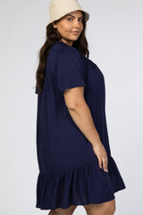 Navy Blue Crochet Front Ruffle Hem Plus Dress