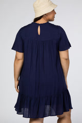 Navy Blue Crochet Front Ruffle Hem Plus Dress