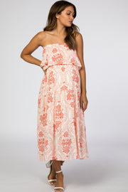 Coral Paisley Print Off Shoulder Maternity Dress