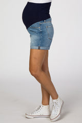 Light Blue Rolled Cuff Maternity Jean Shorts